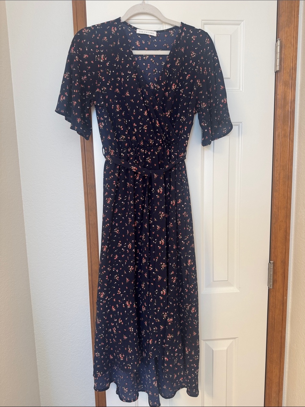 Navy Floral Wrap Maxi Dress with Pink Accent